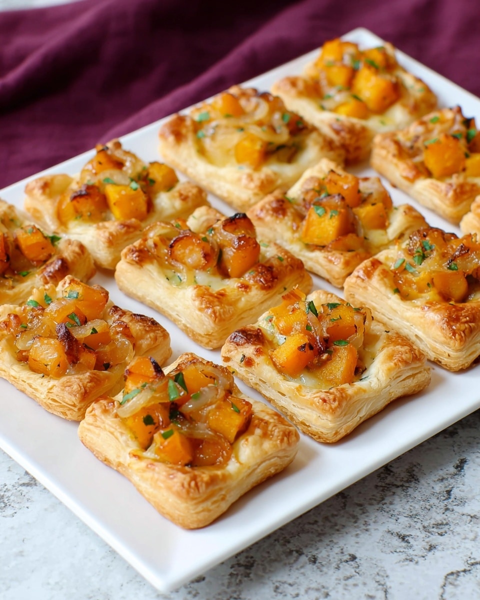 The image shows a white rectangular plate holding twelve small rectangular puff pastry tarts arranged in three rows of four. Each tart has a golden-brown, flaky puff pastry base with slightly raised edges. On top, there are small orange cubes that look like roasted butternut squash scattered over a layer of melted cheese, which appears creamy and slightly browned in parts. Some caramelized onion slices with a light golden color are also visible, adding texture. A sprinkle of finely chopped green herbs is scattered on the surface, providing a touch of freshness. The plate is placed on a white marbled textured surface with a blurred dark pink cloth in the background. Photo taken with an iphone --ar 4:5 --v 7