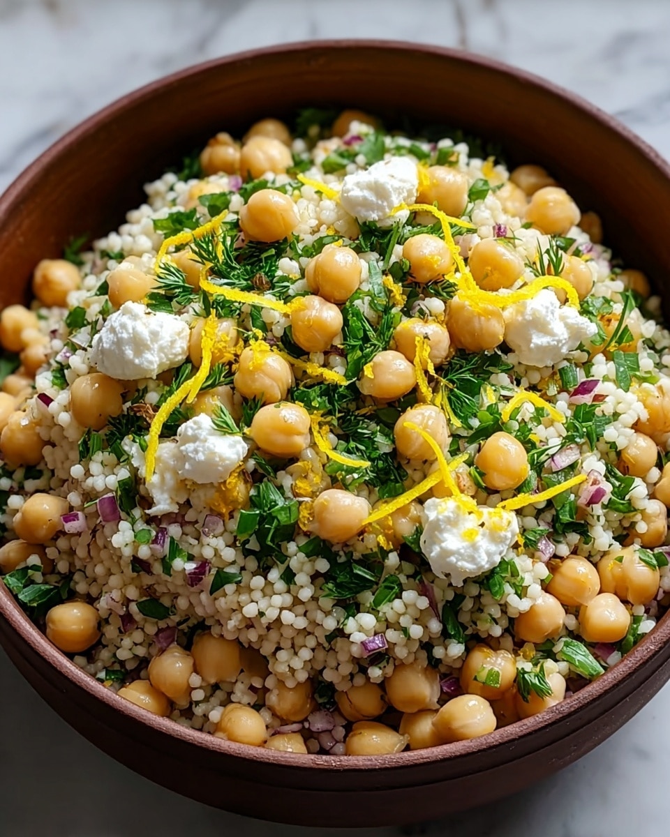 The image shows a close-up of a bowl filled with a warm chickpea and couscous salad. At the bottom is a layer of golden-orange chickpeas mixed with small, pale couscous grains, both lightly coated with oil and spices giving a slight shine. On top, there is a colorful garnish of chopped fresh green herbs, small bits of white crumbled cheese, and thin strips of bright yellow lemon zest scattered over the salad. The food is served in a white bowl with a rustic look, placed on a white marbled texture surface. photo taken with an iphone --ar 4:5 --v 7
