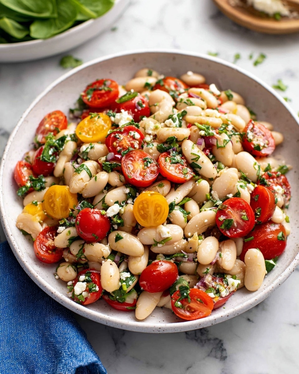 A white bowl filled with a salad made of four distinct layers: a bottom layer of fresh green arugula leaves with a smooth texture, on top of it are creamy white beans spread generously, then scattered bright red roasted pepper slices and thin slices of purple radish with a crunchy look, all mixed together with small bits of green herbs, a silver spoon rests inside the bowl; the bowl sits on a white marbled surface with some similar salad parts visible at the edge of the frame, photo taken with an iphone --ar 4:5 --v 7