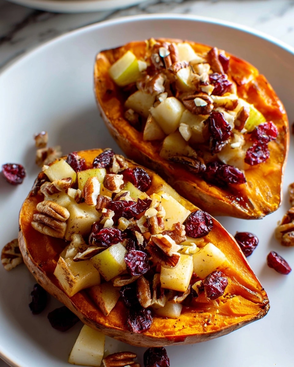 Two halves of a roasted sweet potato sit side by side on a white plate with a white marbled texture background. Each sweet potato half is a golden orange color with slightly crisp edges, topped with a mix of diced golden apple pieces, dark red dried cranberries, and chopped brown pecans. The toppings are scattered generously, creating a textured and colorful layer that contrasts with the smooth softness of the sweet potato below. Photo taken with an iphone --ar 4:5 --v 7