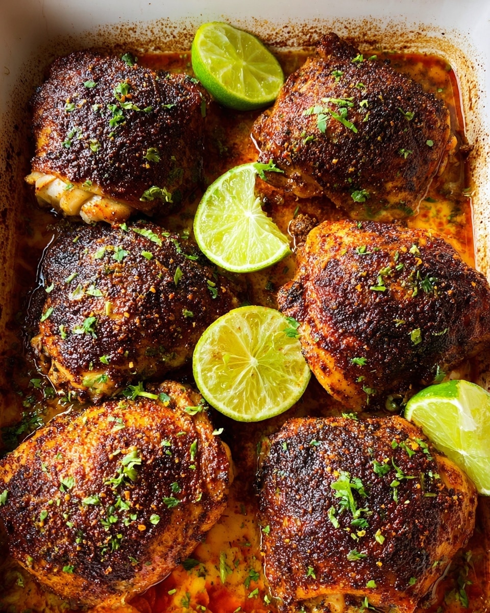 This image shows five pieces of baked chicken thighs, each with a crispy, dark brown seasoned crust covering the top surface. The chicken pieces rest close together in a white baking dish with a light coating of reddish-brown oil and seasoning around them. Bright green lime wedges are placed between the chicken pieces, with some sprinkled finely chopped fresh green herbs on top. The chicken's texture looks crunchy and dry on top, while the lime wedges reveal juicy, pale green interiors. The overall color palette includes rich browns, vibrant greens, and the white of the dish beneath. Photo taken with an iphone --ar 4:5 --v 7