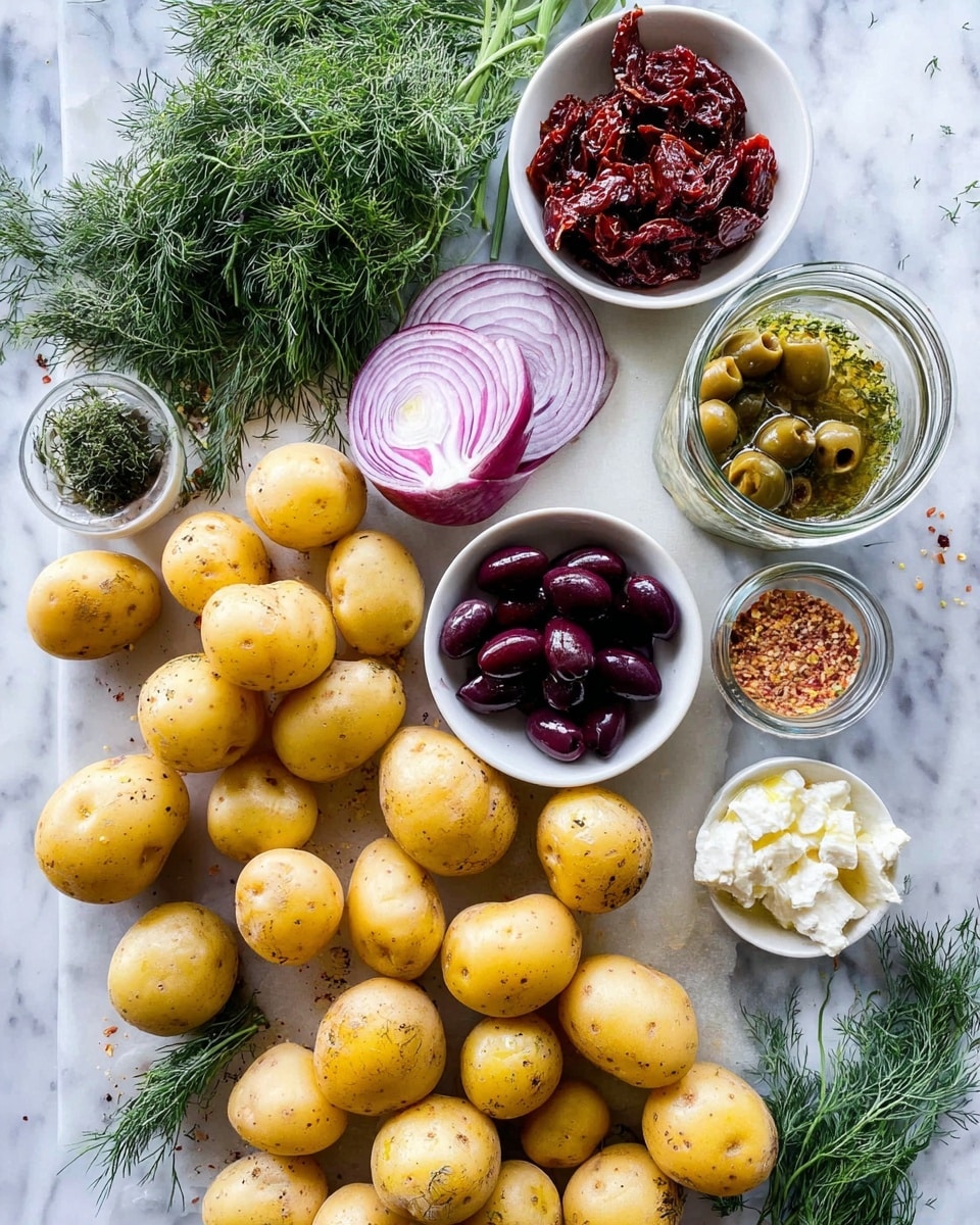 A clear glass bowl holds a colorful potato salad with about two layers of ingredients. The base layer is made of halved yellow baby potatoes with smooth, shiny skins, filling the bowl. Mixed in and on top are thin slices of purplish-red onion and dark purple Kalamata olives, adding color contrast. Small bits of crumbly white feta cheese are scattered throughout, along with green capers and sprigs of fresh dill. There are also small pieces of deep red sun-dried tomatoes and a light dusting of black pepper on top. The bowl is placed on a white marbled surface. photo taken with an iphone --ar 4:5 --v 7
