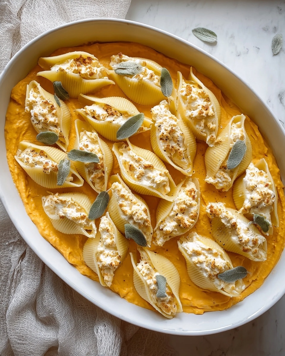 A white oval dish holds a single layer of large pasta shells arranged closely together, each shell filled with a creamy white ricotta cheese mixture. Underneath the shells is a thick, smooth pumpkin-colored sauce that spreads evenly across the base of the dish. Scattered on top and between the shells are a few textured, dark green sage leaves, creating contrast with the pale pasta and sauce. The setup rests on a white marbled surface with a small section of light fabric nearby. photo taken with an iphone --ar 4:5 --v 7