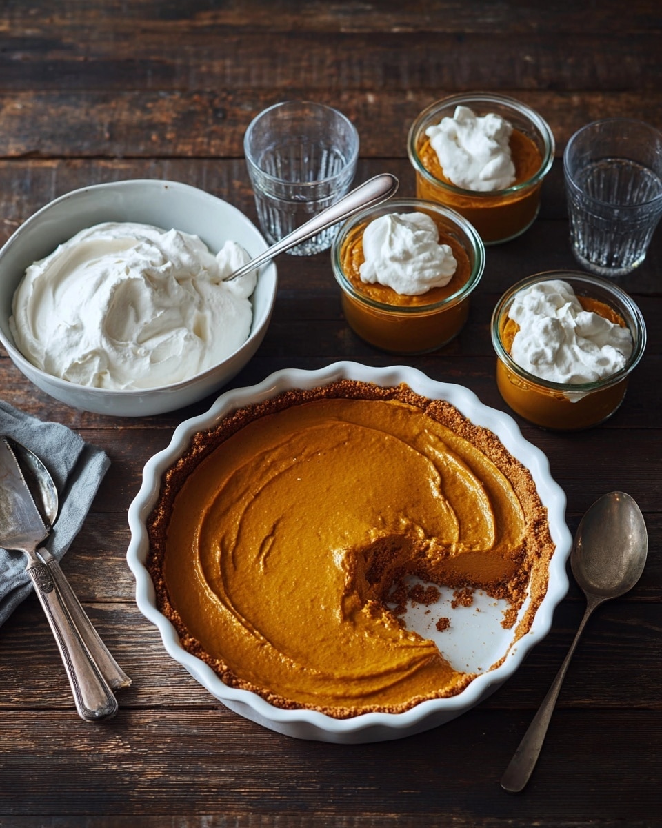 A clear glass cup with three layers is shown, the bottom layer is a frosted glass base, the middle layer is a thick, smooth, orange pumpkin mousse filling most of the glass, and the top layer is a swirl of white whipped cream with light brown cinnamon or nutmeg powder sprinkled over it, with some powder falling gently onto the cream. The cup sits on a white marbled surface with an orange mini pumpkin and a beige cloth napkin nearby, with other similar cups blurred in the background. photo taken with an iphone --ar 4:5 --v 7