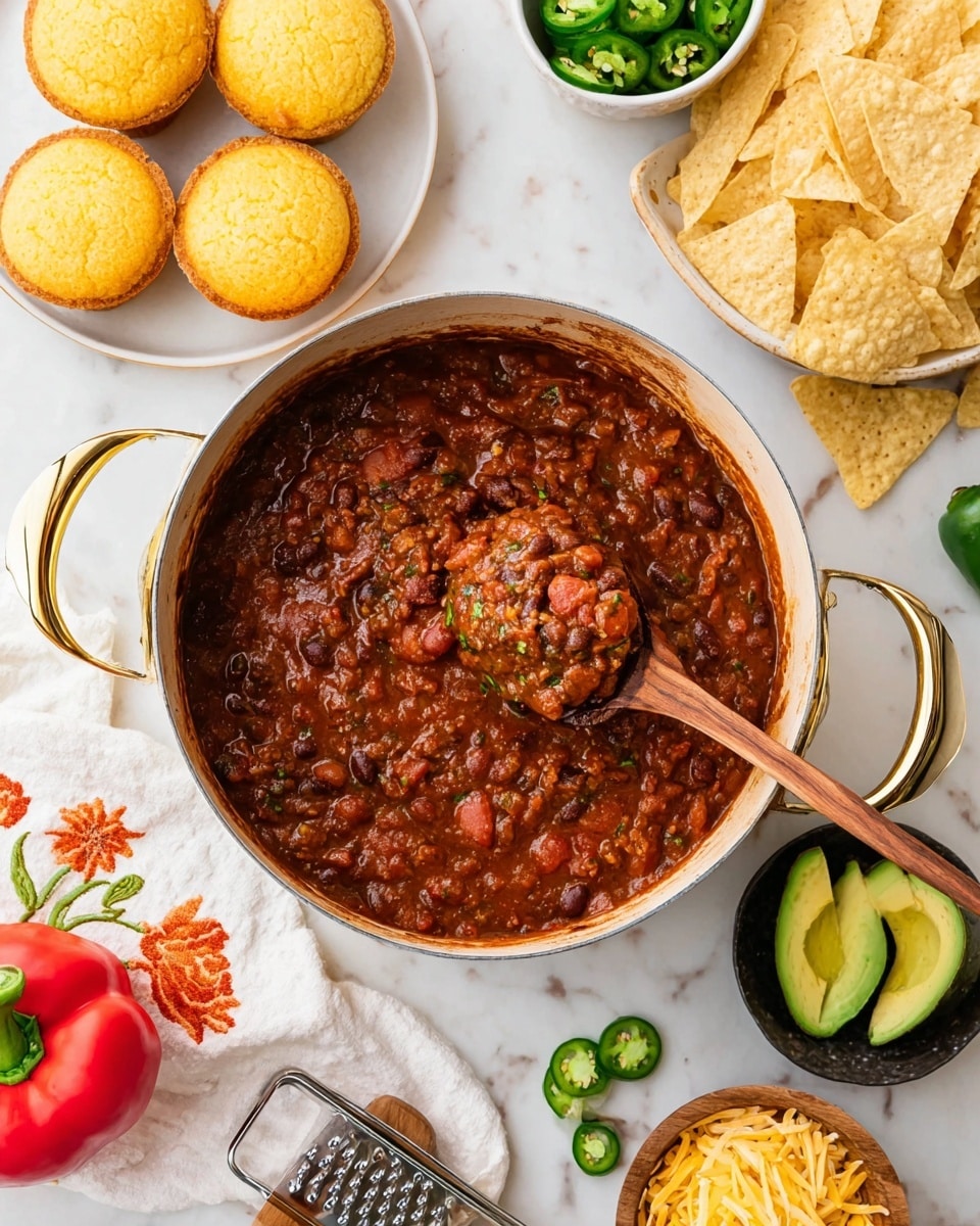 A white bowl filled with thick chili consisting of reddish-brown beans and a rich tomato sauce, topped with a layer of melted yellow cheddar cheese and scattered chopped green onions, holding two triangular yellow corn tortilla chips partially dipped in the chili on the left side. A black spoon rests inside the bowl on the right. Around the bowl, several more yellow tortilla chips are scattered on a white marbled textured surface, along with a striped white and gray cloth napkin. Two small wooden bowls containing shredded yellow cheddar cheese and chopped green onions sit on the right side. photo taken with an iphone --ar 4:5 --v 7