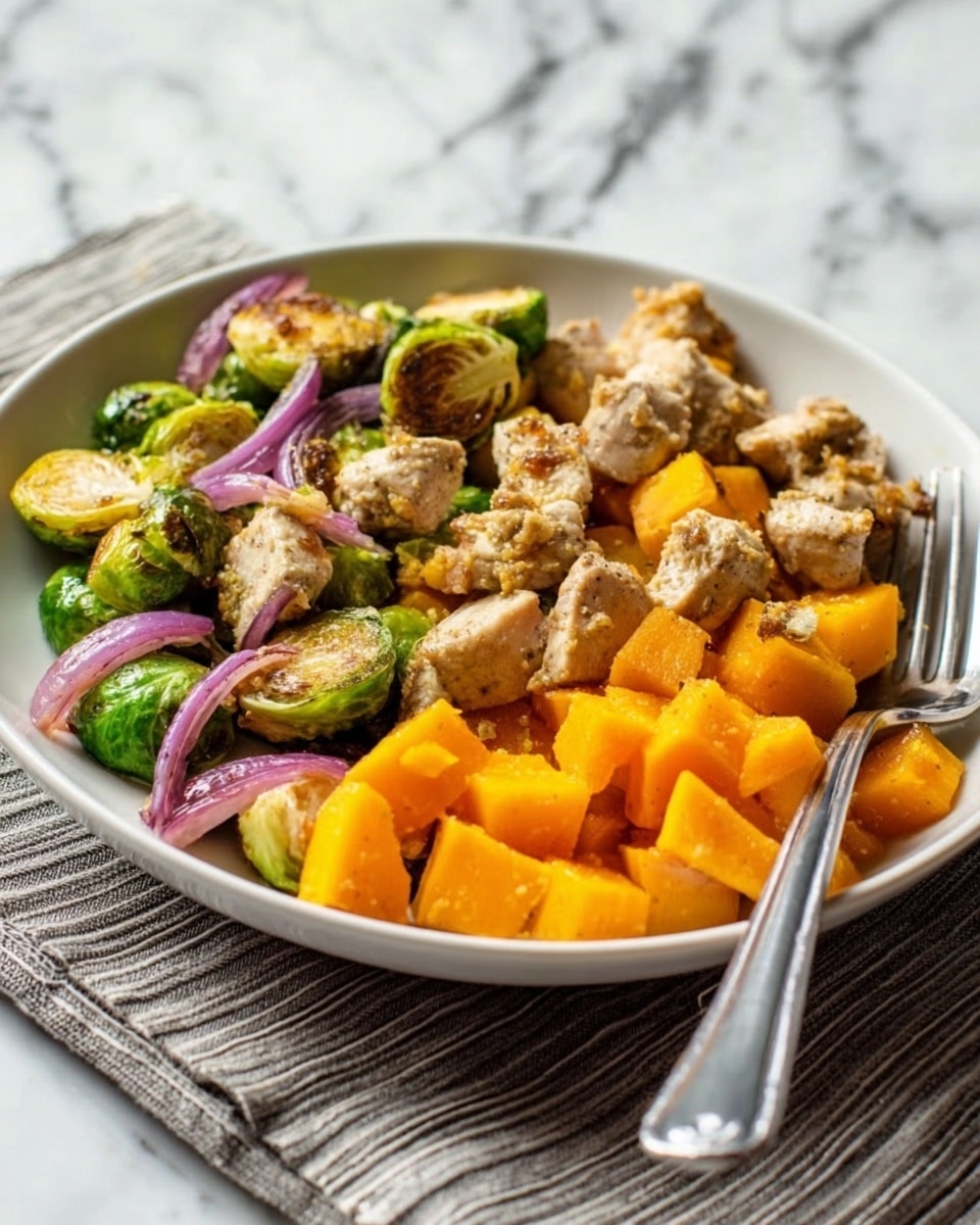 The dish is a bowl filled with three layers of food. The bottom layer shows chunks of bright orange butternut squash with a soft texture. On top of that, there is a layer of light green Brussels sprouts, cut in halves, cooked but still firm. The top layer has small pieces of browned chicken breast, cooked well, with a slightly crispy outside. Scattered among these layers are thin slices of violet-red onion, adding a fresh contrast. The bowl is white and sits on a table with a white marbled texture in the background. A fork rests on the edge of the bowl next to the food. The photo taken with an iphone --ar 4:5 --v 7