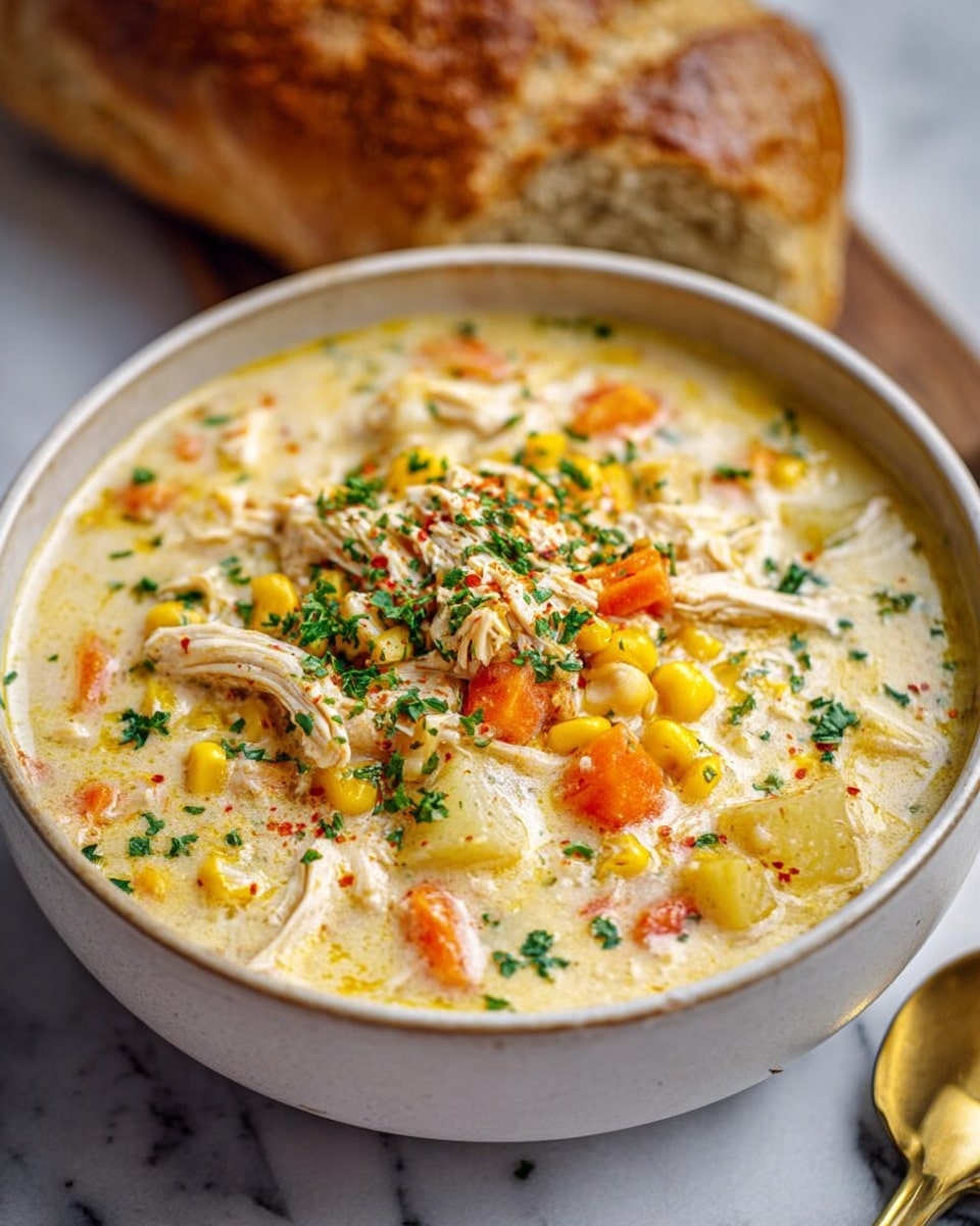 A white bowl filled with creamy soup that has visible layers of shredded white chicken pieces on top, bright yellow corn kernels scattered throughout, diced orange carrots, and small chunks of soft potatoes. The soup base is thick and pale yellow, sprinkled with finely chopped green herbs and a hint of red seasoning. Behind the bowl, there is a rustic loaf of bread placed on a white marbled surface, along with golden cutlery nearby. The soup looks warm and inviting, richly textured with a slight glossy shine on the surface. Photo taken with an iphone --ar 4:5 --v 7