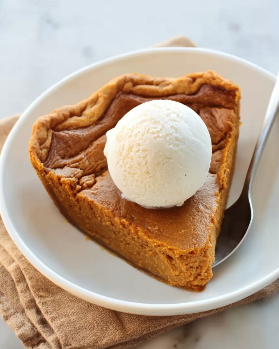 A single slice of pumpkin pie with a smooth, brown surface and slightly darker crust edges sits centered on a white plate. On top of the pie slice, there is a perfectly round scoop of white ice cream with visible texture and soft melting ridges. The plate is placed on a dark wooden table next to a blue and white checkered cloth napkin beside a metal fork. Part of the remaining pumpkin pie is visible in a clear glass pie dish in the background, showing the same brown filling and crust. Photo taken with an iphone --ar 4:5 --v 7