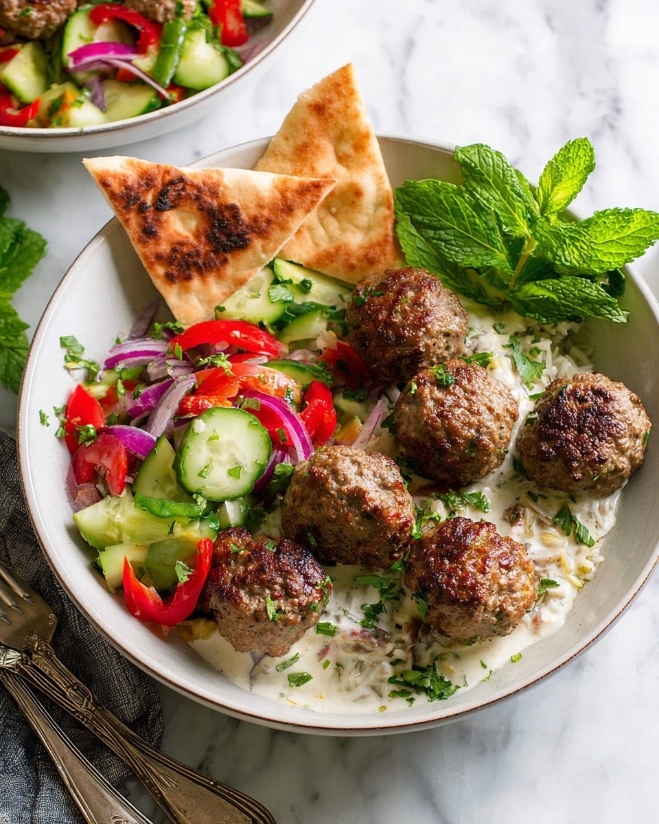 A bowl shows six browned meatballs placed on a bed of white rice mixed with a creamy white sauce, arranged mainly on the right side. On the left side, there are fresh vegetable pieces including red bell pepper, sliced purple onion, cucumber, and green herbs, creating a colorful, textured salad. Two triangular pieces of toasted flatbread rest on top of the rice at the back left, with a small green herb garnish. A sprig of fresh green mint leaves sits near the salad, adding a bright touch. The bowl is white with a subtle rim, set on a white marbled surface with silver forks beside it. photo taken with an iphone --ar 4:5 --v 7