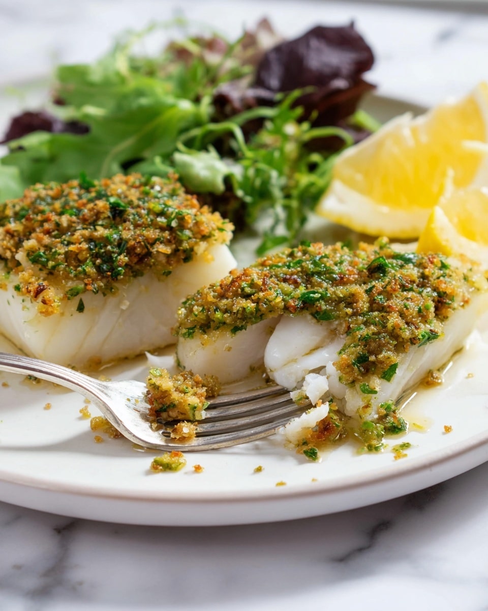 The image shows a white plate with two pieces of baked fish topped with a thick, green and golden crumb crust made from herbs and breadcrumbs, giving a crunchy texture. One piece is whole, while the other is slightly broken, exposing the soft, white, flaky fish inside. A wedge of lemon with a pale yellow rind and juicy interior sits on the plate beside the fish, along with a small sprig of fresh green parsley placed between the two pieces. A woman’s hand is holding a silver fork, gently breaking the bottom fish piece. The plate is set on a grey surface with scattered parsley leaves around. In the background, a white baking dish containing more fish is partially visible. Photo taken with an iphone --ar 4:5 --v 7