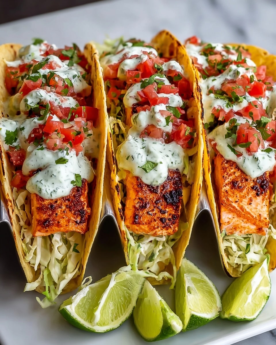 The image shows three grilled salmon tacos placed upright in a taco holder on a white rectangular plate, set on a white marbled surface. Each taco has three visible layers: the bottom layer is shredded pale green cabbage, the middle layer is a thick piece of grilled salmon with a slightly charred orange surface, and the top layer is a mix of finely chopped bright red tomatoes and fresh green herbs, drizzled with a creamy white sauce. In the background, there are wedges of light green lime arranged along the edge of the plate. The colors are vibrant, and the textures range from crunchy cabbage, tender fish, to smooth sauce. Photo taken with an iphone --ar 4:5 --v 7