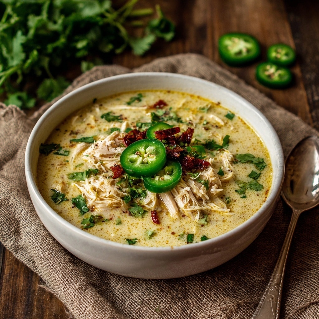 A white bowl filled with creamy, light yellow soup with visible pieces of shredded chicken and fresh green herbs scattered throughout. On top, there are several dark red, crispy bacon bits and bright green jalapeño slices that add color contrast and texture. The bowl rests on a textured brown cloth on a wooden surface, with a bunch of fresh green herbs blurred in the background and a spoon placed to the side. The scene is warm and inviting, showing layers of creamy soup, tender chicken, and crunchy toppings. photo taken with an iphone --ar 4:5 --v 7