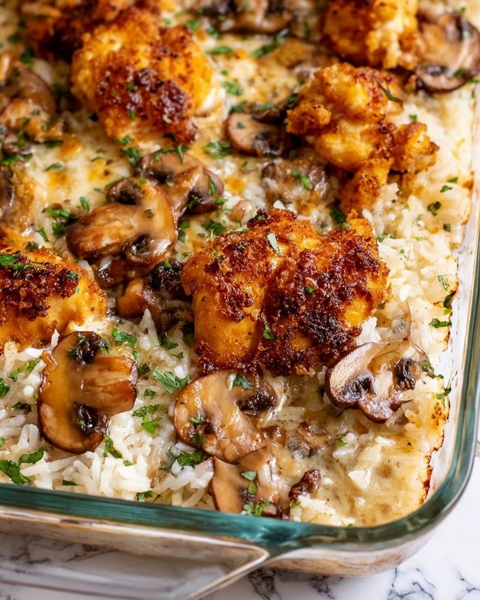 The image shows a close-up of a creamy baked dish in a clear square glass dish, placed on a white marbled surface. The dish has visible layers: the top layer consists of golden-browned, grilled chicken pieces with a slightly crispy texture, sprinkled with chopped green herbs. Beneath the chicken is a thick layer of creamy risotto-style rice mixed with small bits of mushrooms. Scattered mushroom slices are also visible on the top layer, adding a dark brown color contrast to the golden and white creaminess. A spoon is lifting a portion of the dish, showing the rice's creamy texture and a piece of chicken resting on top, all glistening under soft light. Photo taken with an iphone --ar 4:5 --v 7