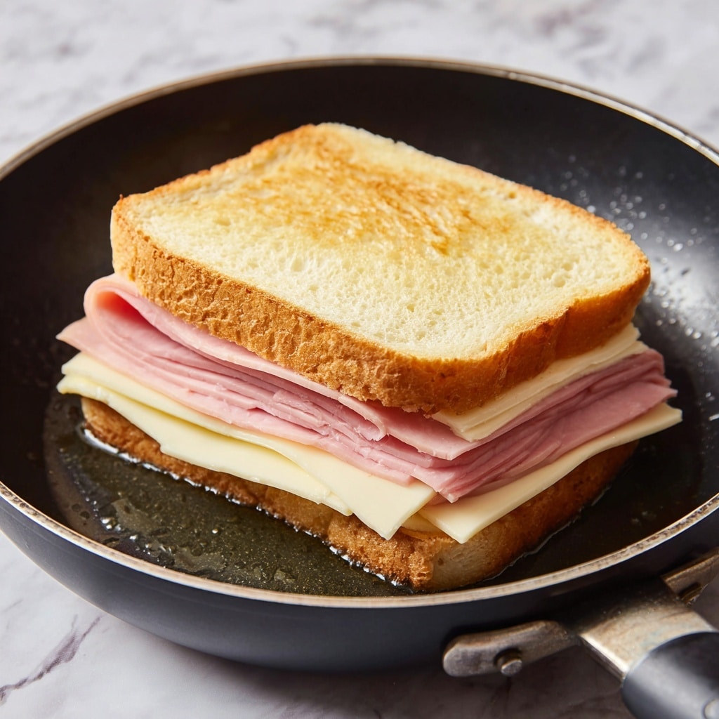 The image shows an open sandwich inside a black frying pan. The sandwich has three visible layers: the top layer is soft, light yellow bread with a slightly uneven texture; the middle layer is pink ham, folded and slightly curved; below the ham is a thick, creamy white slice of cheese; the bottom layer is another slice of the same light yellow bread. The frying pan sits on a wooden surface, but it should be imagined on a white marbled texture background. The sandwich looks like it is being cooked or grilled, with some oil or butter visible around the sandwich in the frying pan. Photo taken with an iphone --ar 4:5 --v 7