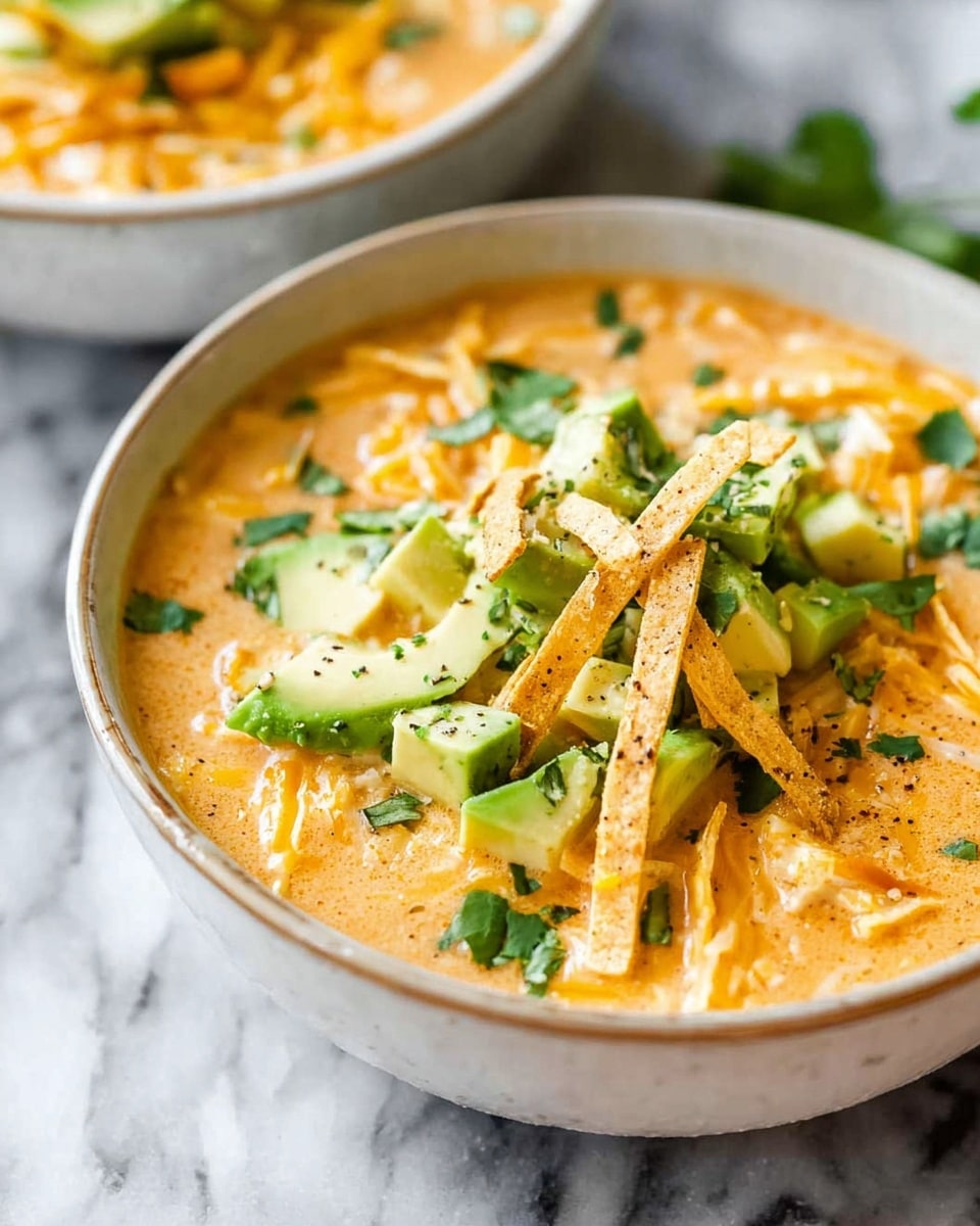 A bowl filled with creamy orange soup is topped with several colorful layers. On top, there are chunks of green avocado, light yellow shredded cheese, and small green herb leaves scattered around. The soup base looks smooth with tiny pieces of ingredients showing through, and there is a sprinkle of black pepper on the surface. The bowl is white and sits on a white marbled surface, with some extra yellow tortilla strips nearby and lime halves in the background. photo taken with an iphone --ar 4:5 --v 7