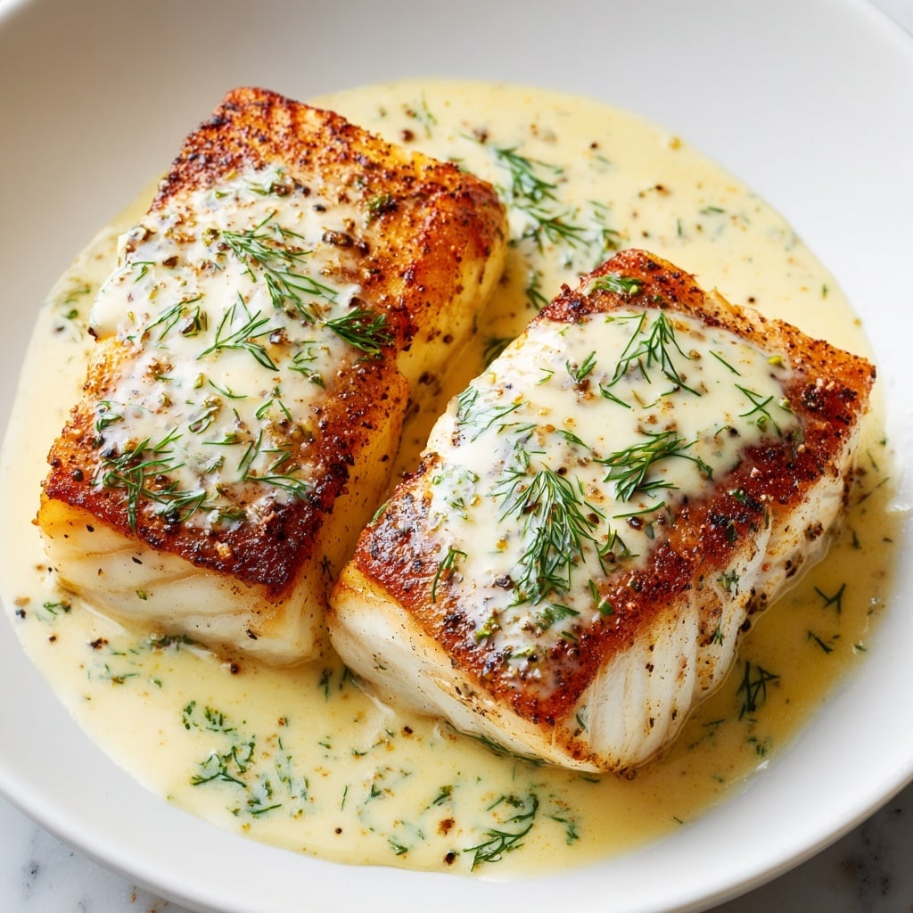 The image shows four thick pieces of golden-brown seared fish fillets arranged on a white plate with a white marbled surface background. Each fillet has a slightly crispy, browned top layer with visible seasoning. A creamy light yellow dill sauce covers the top of each fillet and pools around them on the plate, with small green dill herb pieces spread throughout the sauce. The sauce gives a smooth, glossy texture, complementing the flaky, white flesh of the fish beneath. Photo taken with an iphone --ar 4:5 --v 7