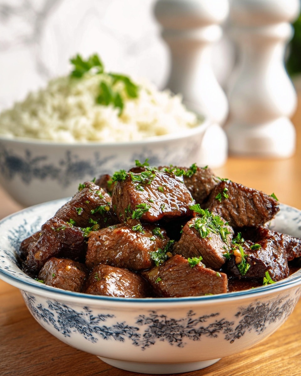 The image shows a bowl full of brown, seared beef cubes that look juicy and tender, coated with a light shiny sauce. These beef pieces are sprinkled with fresh green chopped herbs, likely parsley, adding bright color on top. The bowl is white with a blue floral pattern, and in the background, there is another white bowl filled with white rice garnished with a little green herb. The scene is set on a wooden surface with a blurred white marbled texture background and white salt and pepper shakers behind the bowls. photo taken with an iphone --ar 4:5 --v 7