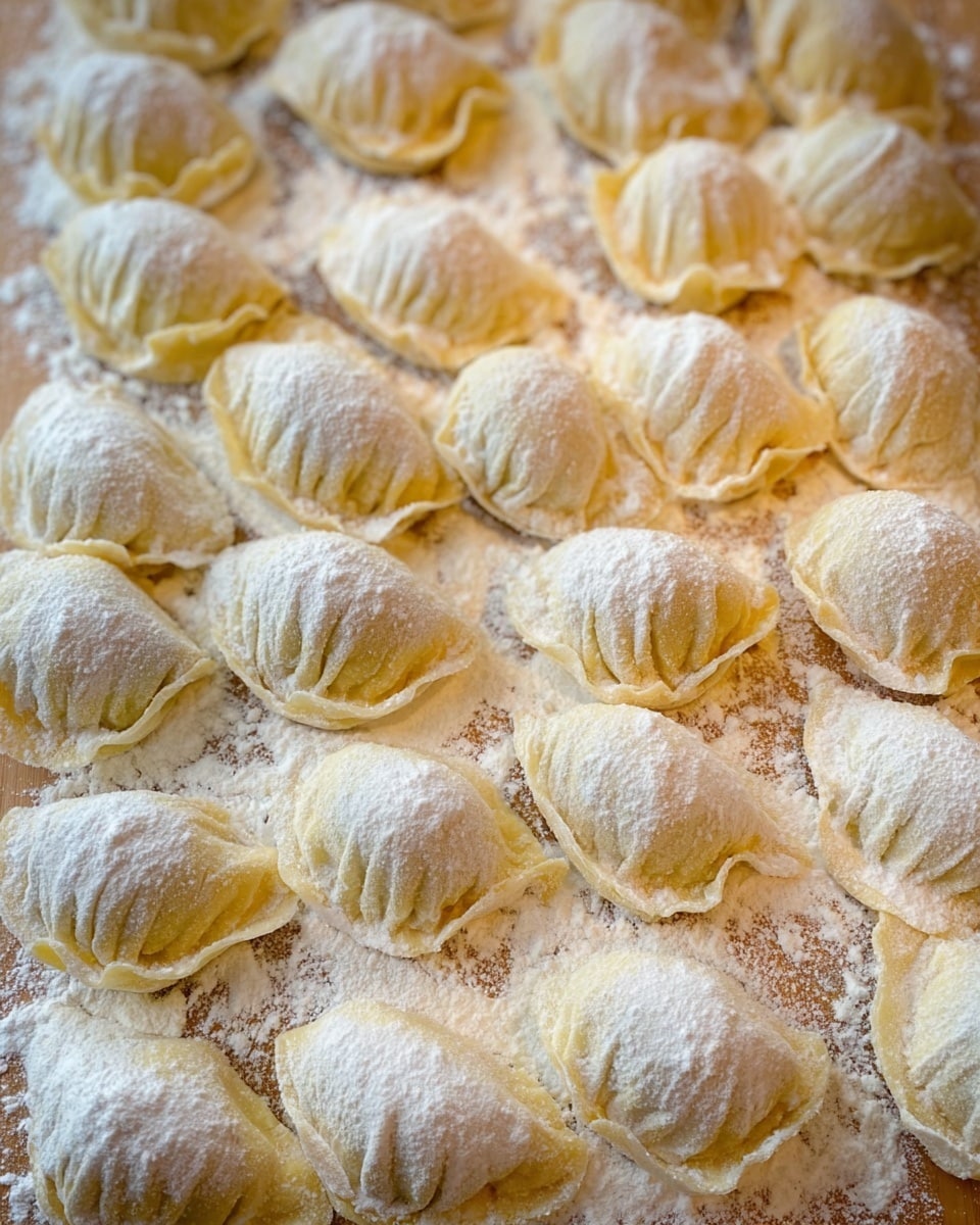 The image shows many small dumplings arranged closely on a floured wooden board with a light dusting of flour on top of each dumpling, giving them a soft, powdery look. Each dumpling has a pale yellow dough base, folded into a rounded shape with a slightly crinkled texture around the edges. The dumplings have a light, fluffy appearance with their tops pinched together, creating small peaks. The wooden board underneath contrasts gently with the soft dough by showing natural wood grain. Photo taken with an iphone --ar 4:5 --v 7