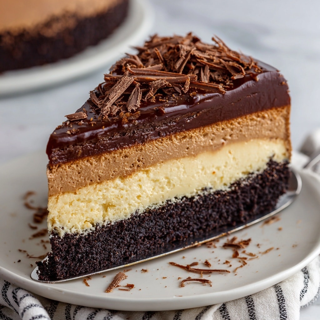 A slice of cheesecake is shown on a white plate with a white marbled texture background. The cake has three layers: the bottom layer is a crumbly dark brown crust, the middle is a thick, smooth, creamy white cheesecake filling, and the top consists of a shiny, rich chocolate ganache layer. Above the ganache, there are decorative swirls of light brown chocolate cream and small chocolate curls scattered. A gold fork is resting on the plate nearby. Photo taken with an iphone --ar 4:5 --v 7