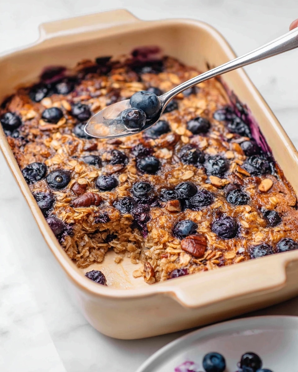 A beige rectangular baking dish filled with a single layer of light brown baked oat mixture sprinkled with a generous amount of whole blueberries scattered unevenly across the top. The oat layer has a textured, slightly crunchy appearance with some small clusters, and the blueberries add dark blue spots of color. The dish is placed on a white marbled surface with a beige cloth partially visible on the left side. Photo taken with an iphone --ar 4:5 --v 7