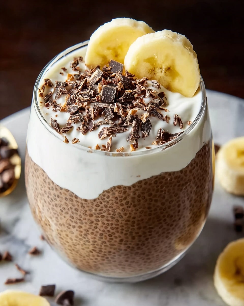 A clear glass cup filled with a dark chocolate chia pudding layer as the base, showing tiny chia seeds throughout. On top of this is a thick white cream layer with a smooth texture, partially covered by a shiny, dark chocolate sauce layer. Scattered on the chocolate sauce are small light beige nut pieces and black chia seeds. A spoon is placed inside the cup on the left side, and a woman's hand is holding the cup softly. The surface is a white marbled texture. photo taken with an iphone --ar 4:5 --v 7