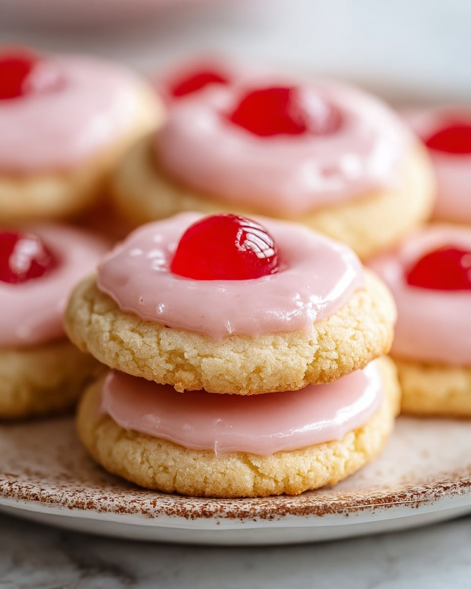 The image shows a stack of three round cookies on a white plate with a slightly worn rim, placed on a white marbled surface. Each cookie has a light golden color and a crumbly texture. There is a pink glossy icing layer spread on top of each cookie, with a bright red, shiny cherry placed in the center of each icing layer, giving a pop of color. The middle cookie in the stack has its bottom side visible, showing another cherry underneath the pink icing, creating a layered effect. More cookies with the same design can be seen blurred in the background. Photo taken with an iphone --ar 4:5 --v 7