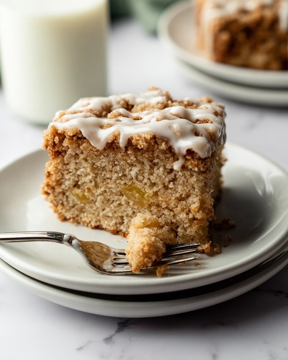 The image shows a close-up of four square pieces of coffee cake on white parchment paper inside a metal tray, set on a white marbled surface. Each cake piece has two main layers: a light brown base with a soft, moist texture and a thick top layer full of a crumbly streusel topping in a golden-brown shade. The crumb layer is uneven and chunky, with a light glaze of white icing drizzled in thin, irregular lines across the top. The front piece has a visible crumbly edge with a slightly darker brown crust, and the texture looks soft inside with some crumb pieces fallen around it. photo taken with an iphone --ar 4:5 --v 7
