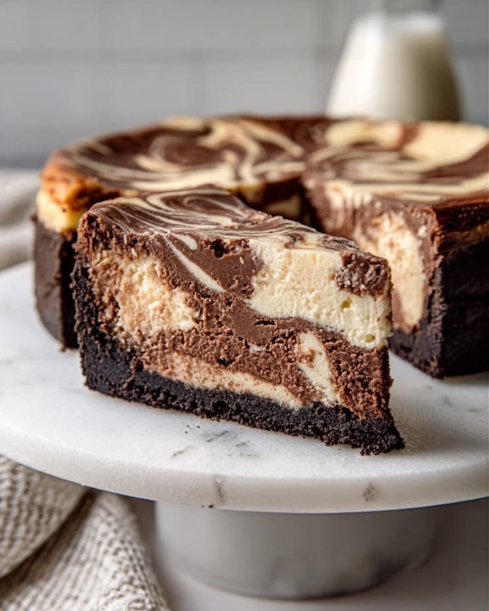 A round cheesecake with three visible layers is placed on a white round plate on a white marbled surface. The bottom layer is a thin, crusty light brown base. The middle layer is a creamy off-white cheesecake with a smooth, even texture. The top layer features a marbled pattern of dark chocolate and creamy beige swirls creating a rich, artistic look. The cheesecake is cut into eight slices, and a woman’s hand gently holds a slice being removed with a metal cake server. On the top right, there is a smaller white plate with a silver fork resting on it, placed on the same white marbled surface. A cloth napkin with soft gray and white stripes lies under the edge of the plate. Photo taken with an iphone --ar 4:5 --v 7