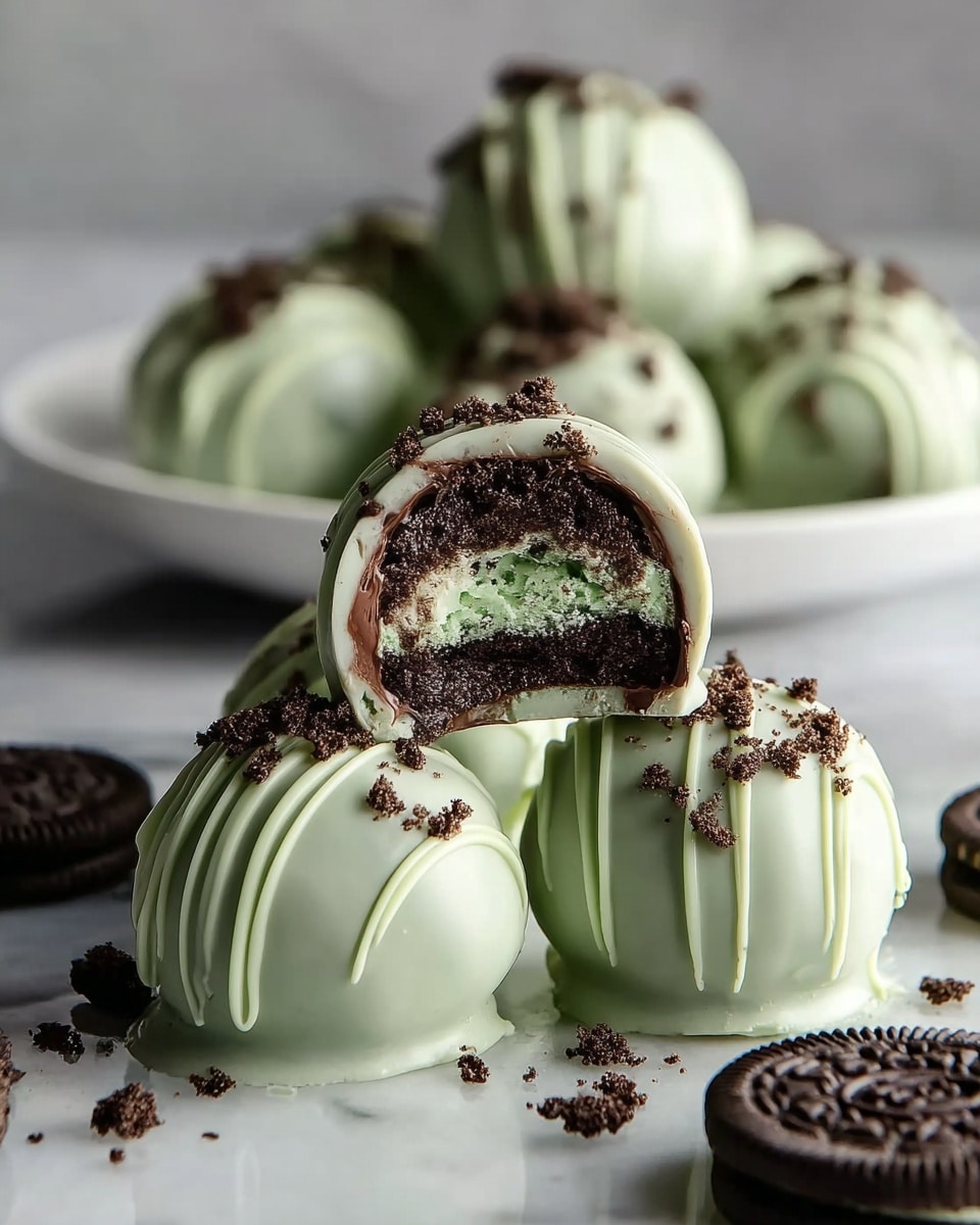 A white plate holds three rows of smooth, round truffles arranged neatly. The front row features milk chocolate truffles, each topped with thin dark chocolate stripes. Behind it, white truffles with dark chocolate drizzles form the second row, and the third row shows light green truffles with matching dark chocolate drizzles. Scattered around the plate are Oreo cookies with green filling, white truffles, and green truffles. In the background on the white marbled surface, clear glasses filled with milk add a fresh touch to the scene. photo taken with an iphone --ar 4:5 --v 7