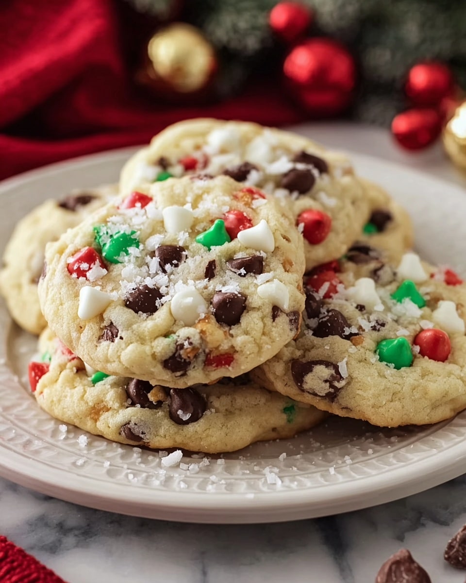 A stack of four round cookies sits on a black cooling rack over a white marbled surface. Each cookie is light golden brown with a soft, slightly crumbly texture. They are topped with a mix of red, green, white, and dark brown chocolate chips scattered evenly across their surfaces. The top cookie is partially eaten, revealing a soft inner crumb with chocolate chips embedded inside. The background is softly blurred with hints of red shapes adding a festive feel. photo taken with an iphone --ar 4:5 --v 7