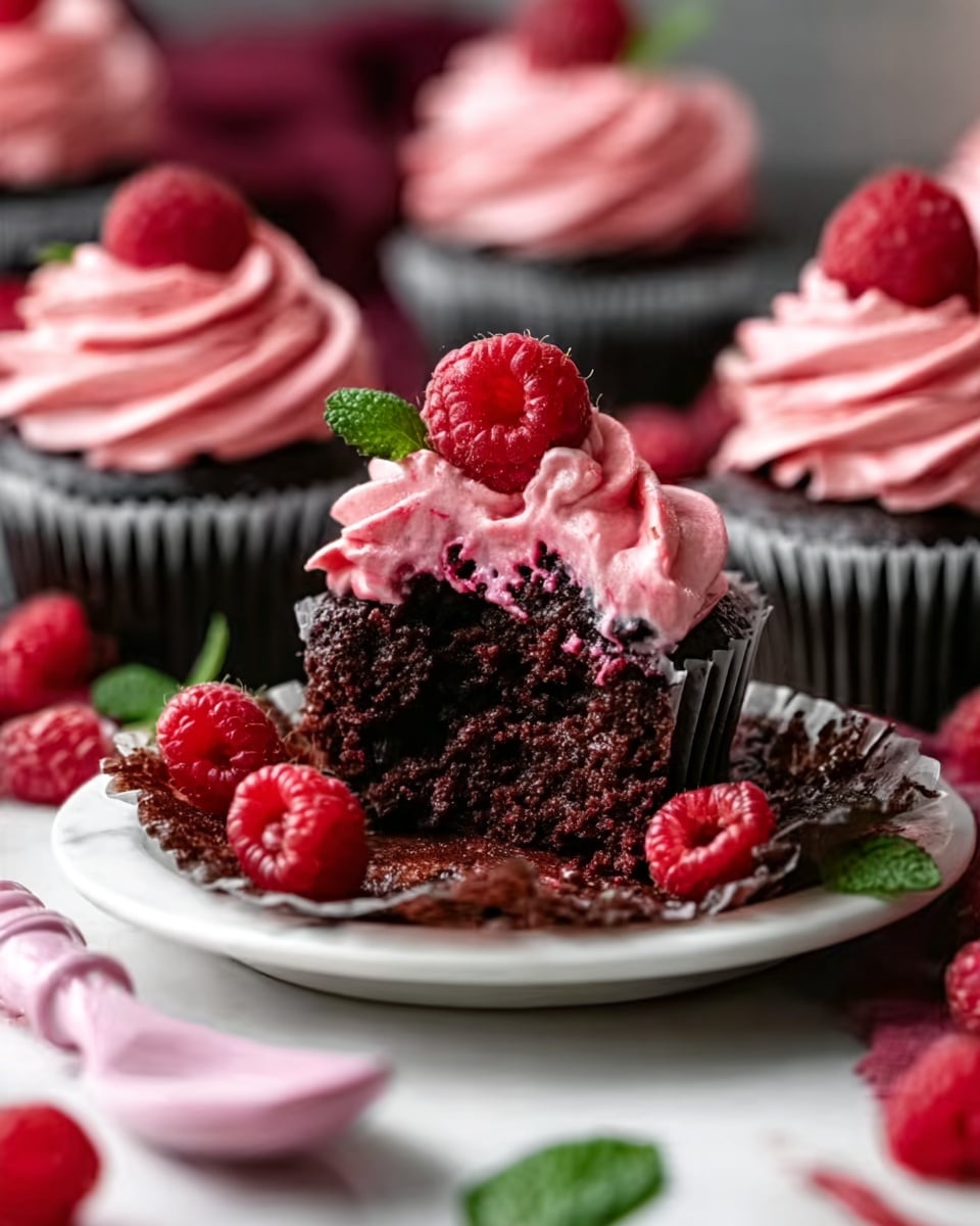 A chocolate cupcake with a dark brown base sits in a black paper liner on a small white square plate placed on a white marbled table. The cupcake is topped with a thick swirl of smooth pink frosting. On top of the frosting, there are two red raspberries and a light drizzle of dark chocolate sauce, adding shine and texture. Around the plate, small pieces of pink and brown crumbs are scattered softly. The background is softly blurred, focusing attention on the cupcake. Photo taken with an iphone --ar 4:5 --v 7