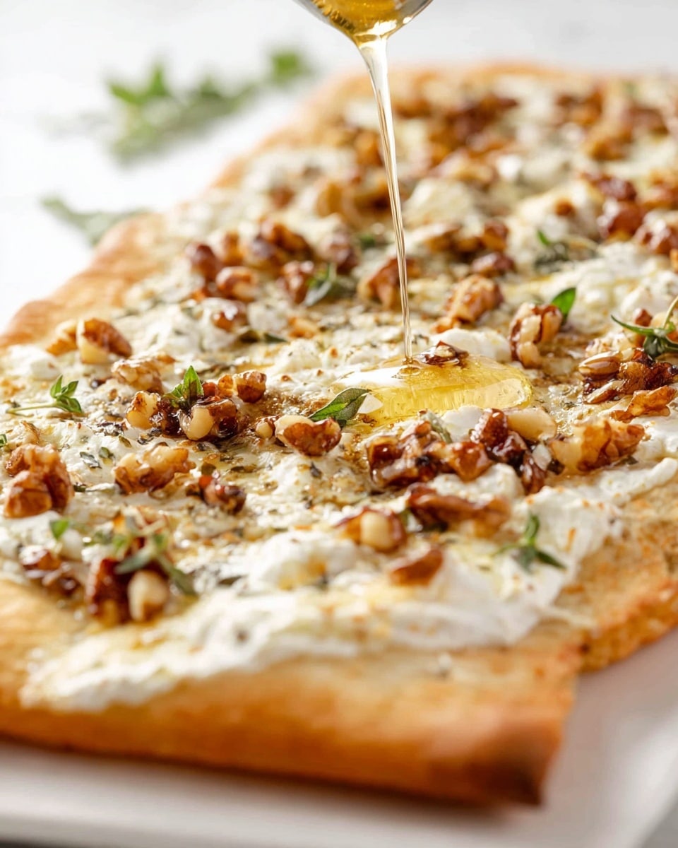 A close-up view of a rectangular flatbread pizza on a white plate, placed on a white marbled surface. The crust is golden brown and slightly thick. The first layer is a melted white cheese spread evenly across the top. Scattered on top are chopped brown nuts and small green herb leaves, adding texture and color contrast. On the pizza, a light golden syrup is being poured, glistening as it flows over the cheese and nuts, adding a shiny and sticky layer. Photo taken with an iphone --ar 4:5 --v 7