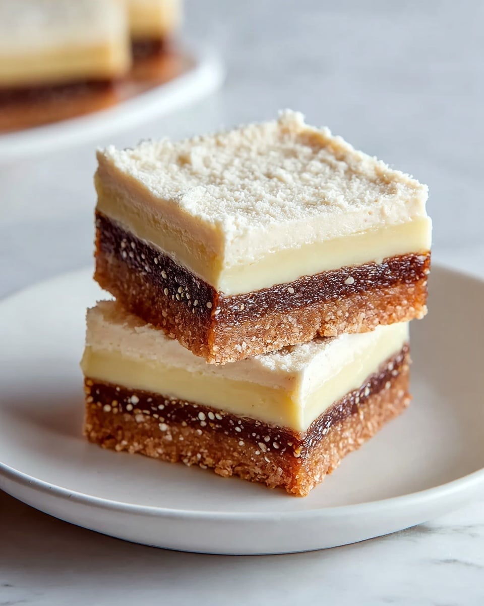 Two square dessert bars stacked on a white plate are shown on a white marbled surface. Each bar has four visible layers: the bottom layer is a crumbly light brown crust, followed by a thin smooth cream-colored layer, then a thick, dark brown layer with many small yellow seeds visible inside, and finally topped with a thick, light beige creamy layer that looks soft and slightly crumbly. The top bar is slightly tilted, showing the texture and thickness of each layer clearly. Photo taken with an iphone --ar 4:5 --v 7