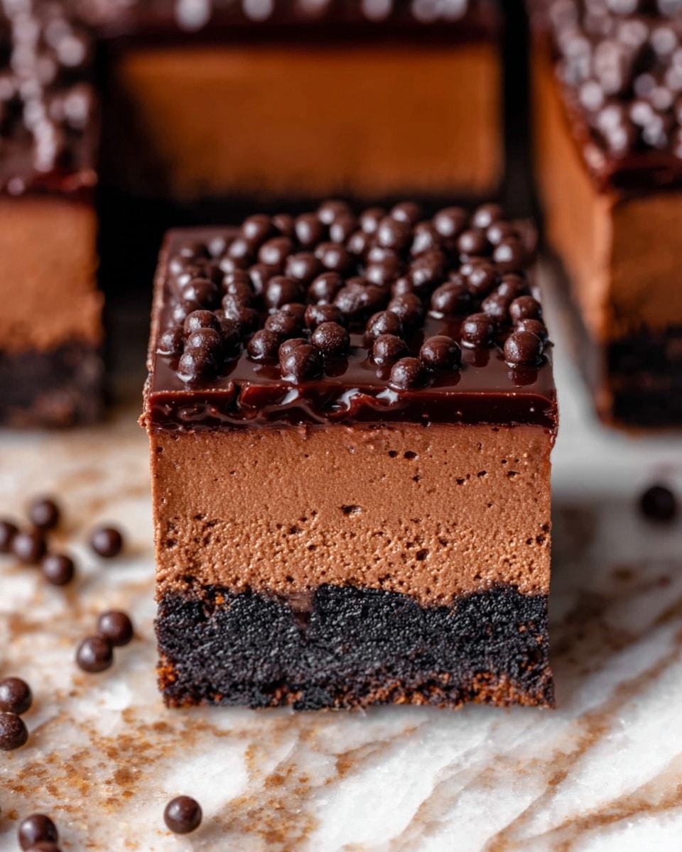 A close-up image of a rich, moist chocolate brownie bar with three visible layers: a dark, slightly crumbly chocolate crust at the bottom, a thick, dense middle layer of dark chocolate cake with a smooth texture, and a shiny, smooth, thick chocolate ganache on top. The top layer is decorated with small, round chocolate balls scattered across the surface. The brownie rests on a light wooden board with a few chocolate balls and crumbs around it, placed on a white marbled surface. In the background, the rest of the brownies are slightly out of focus. Photo taken with an iphone --ar 4:5 --v 7