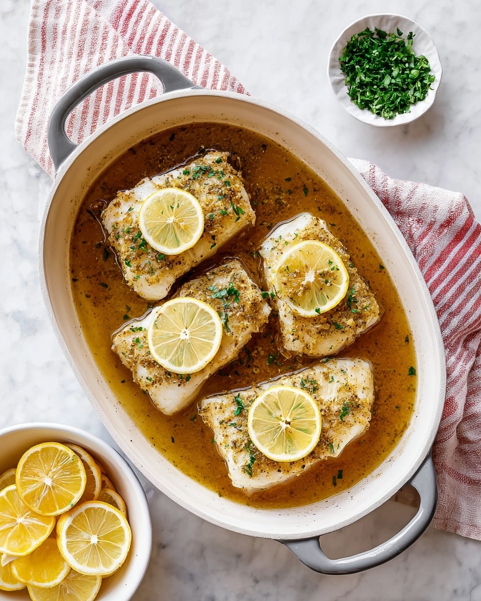 Four thick white fish fillets are arranged inside a deep oval white dish with gray handles, each fillet topped with a thin lemon slice. The fish is covered in a layer of herbs and a light brown sauce that pools at the bottom of the dish. Next to the dish on a white marbled surface, a small white bowl filled with chopped green herbs sits near a pink and white striped cloth. In the bottom left corner, a round white bowl holds multiple lemon slices stacked on top of each other. The overall setting is bright with a clean and fresh look. photo taken with an iphone --ar 4:5 --v 7