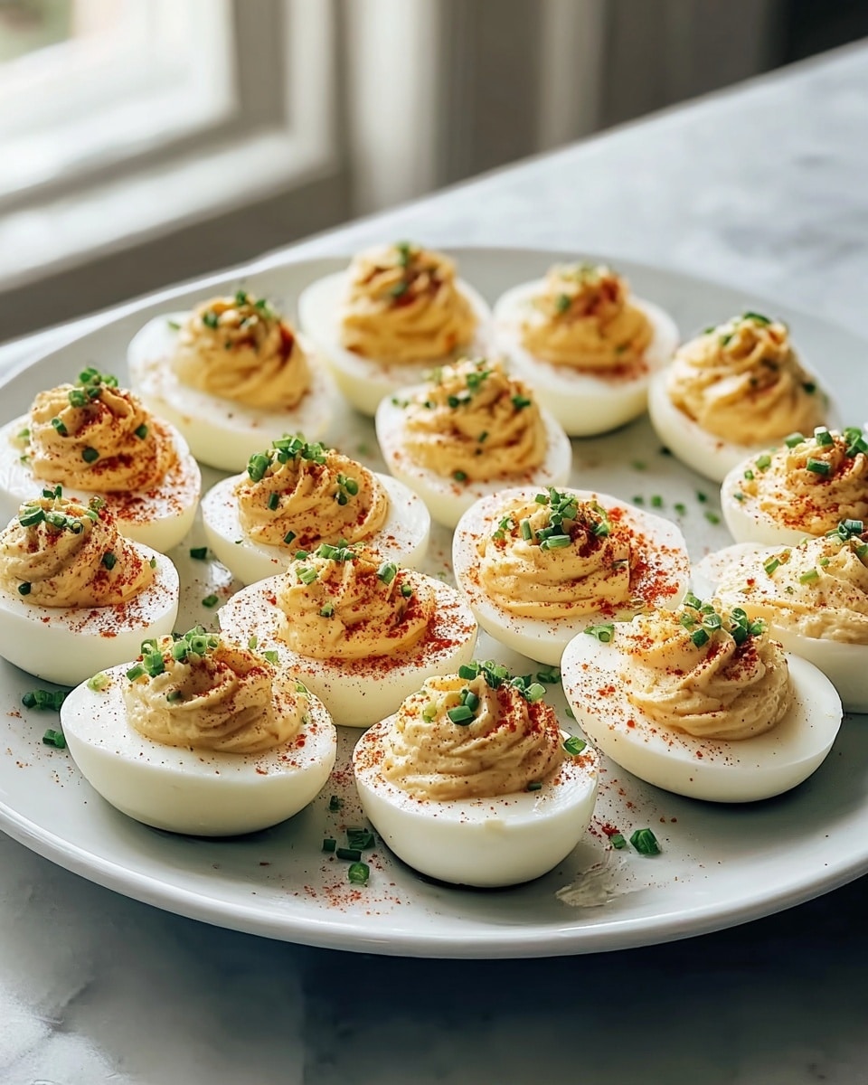 A white plate holds twelve deviled eggs arranged in rows, each with a smooth white base half of hard-boiled egg and a creamy, light yellow filling dolloped on top. The filling is slightly swirled and dusted with reddish paprika and small chopped green chives scattered over them. The plate sits on a white marbled surface with soft natural light coming from a window in the background. photo taken with an iphone --ar 4:5 --v 7