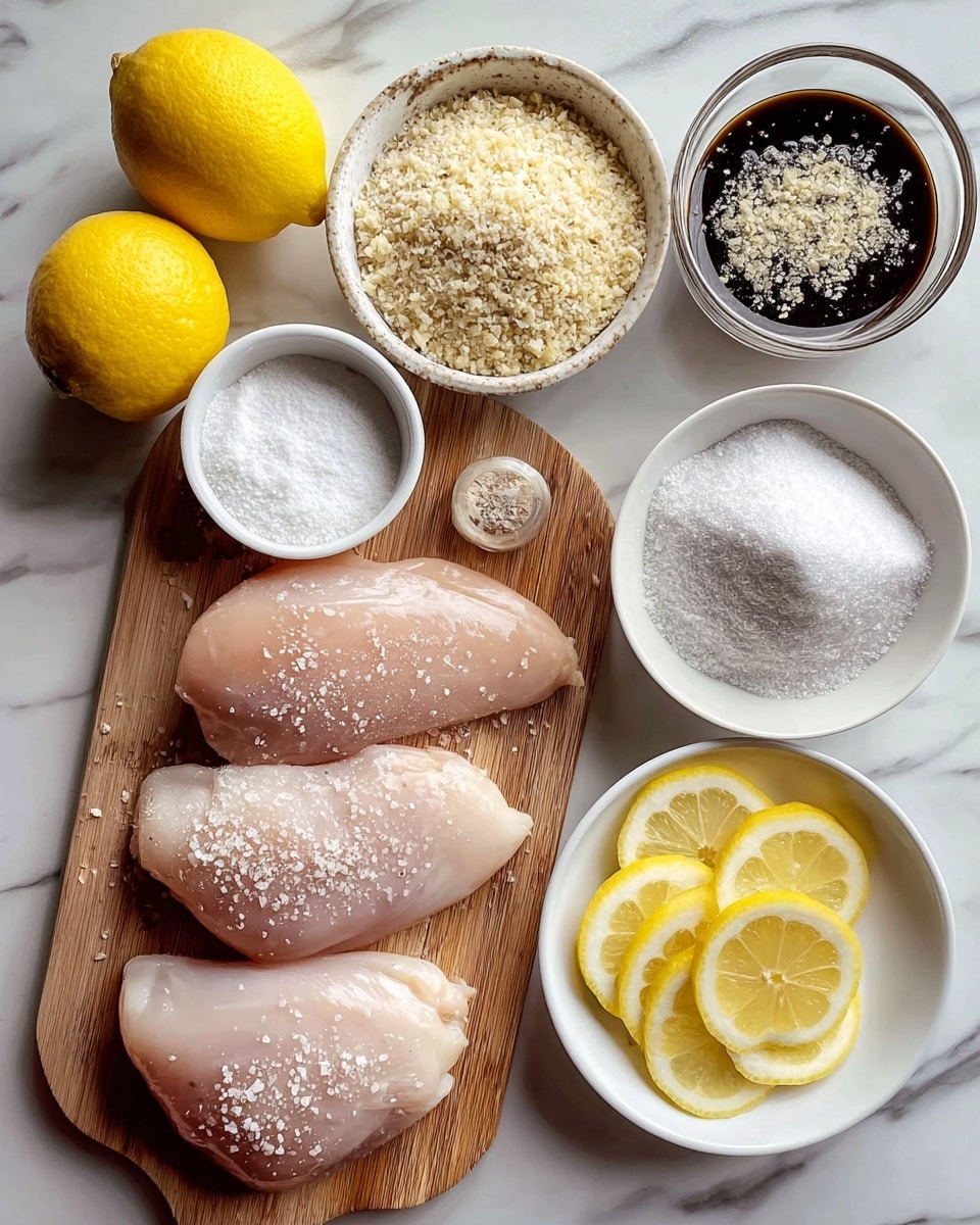 The image shows three pieces of golden-brown fried chicken topped with a smooth, creamy yellow sauce that spreads slightly over the sides. Each piece is garnished with small green herb flakes, and two thin lemon slices are placed on top of the chicken in the front and middle. The chicken sits on a white plate on a white marbled surface. The sauce looks rich and glossy, contrasting with the crunchy texture of the fried chicken. Photo taken with an iphone --ar 4:5 --v 7