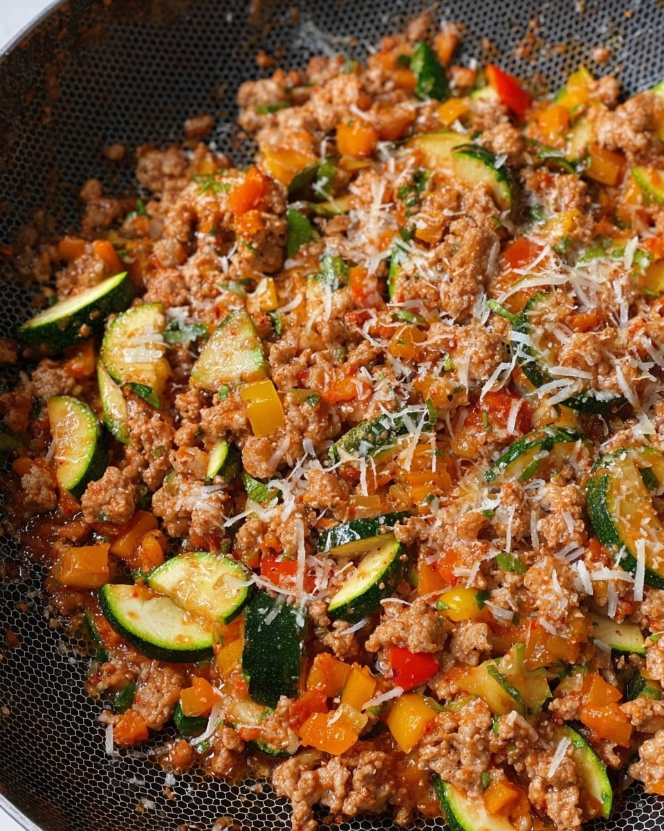 This image shows a close-up of a cooked dish in a pan, consisting of minced meat that is light brown and crumbly, mixed with pieces of sautéed zucchini slices that are green and soft, small diced orange and yellow bell peppers, and finely chopped onions. The ingredients are coated in a slightly thick reddish sauce and sprinkled with small shreds of white grated cheese. The pan has a dark, textured interior with a honeycomb pattern, and the food looks moist and well-blended. photo taken with an iphone --ar 4:5 --v 7