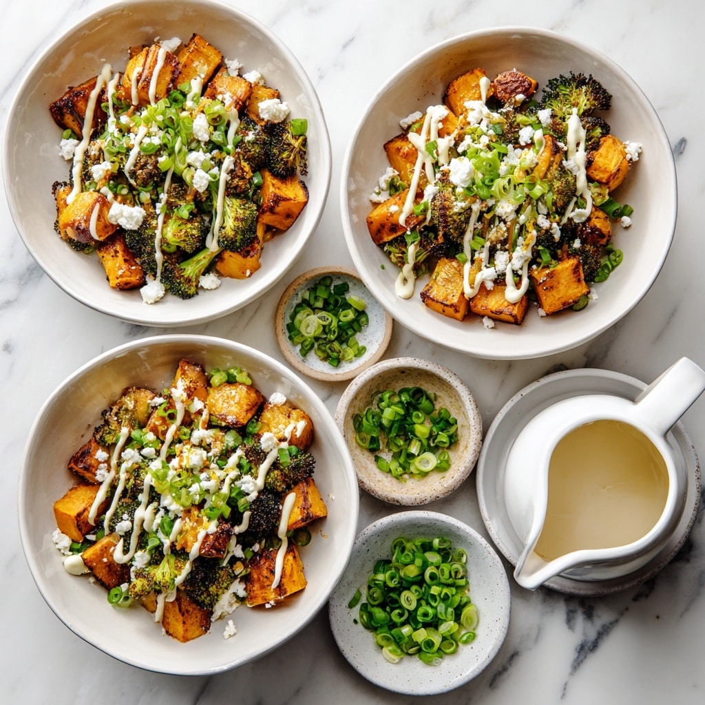 Four white bowls filled with a dish are arranged on a white marbled surface. Each bowl has a base layer of roasted orange sweet potato cubes and green broccoli florets that have a little char. On top, there are chunks of cooked chicken with a light golden color and crispy bacon pieces. The dish is garnished with small bits of white cheese crumbles and bright green chopped scallions scattered around. Smooth white sauce is drizzled over the top in uneven thin lines, adding a creamy touch. To the right of the bowls, there is a small white bowl filled with chopped scallions and a white pitcher with extra sauce on a matching white saucer. Photo taken with an iphone --ar 4:5 --v 7