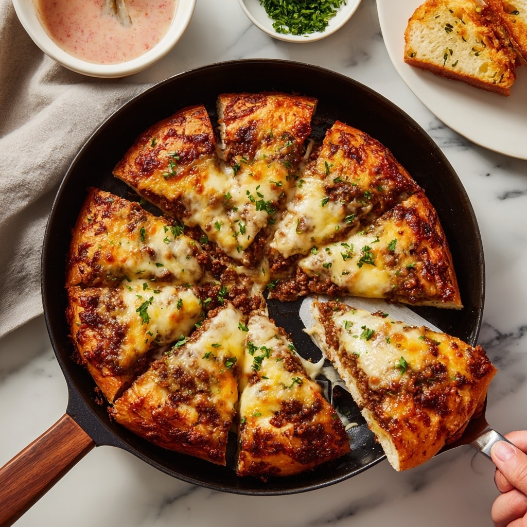 A close-up view of a cooked skillet pizza cut into six slices, placed inside a black cast iron pan with a wooden handle. The pizza has three visible layers: the bottom layer is a golden-brown crispy crust, the middle layer consists of finely minced browned meat mixed with melted cheese, and the top layer is a thick spread of golden melted cheese with some green chopped herbs sprinkled over. A woman's hand is holding one slice of the pizza with a spatula, lifting it out from the pan. In the background, there is a white bowl with a pinkish sauce, a small pile of chopped green herbs, and a white plate holding one piece of focaccia bread. All objects rest on a white marbled surface. photo taken with an iphone --ar 4:5 --v 7