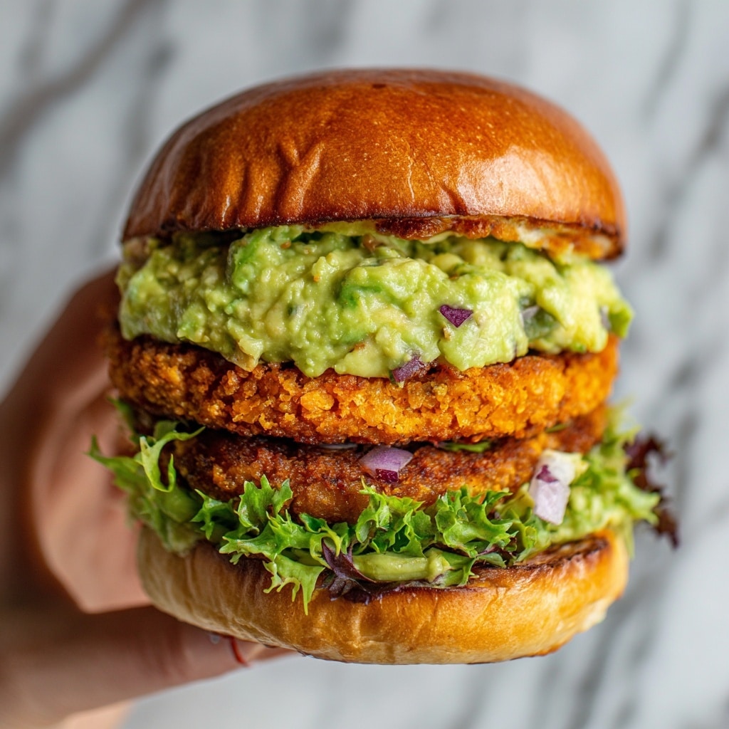 A white plate holds three golden brown patties with a crispy texture, stacked slightly unevenly, garnished with fresh green cilantro leaves on top and around them; next to the stack is a small white bowl filled with creamy, smooth, bright green sauce that looks like guacamole, all set against a white marbled surface with a woman's hand holding the plate from below, photo taken with an iphone --ar 4:5 --v 7