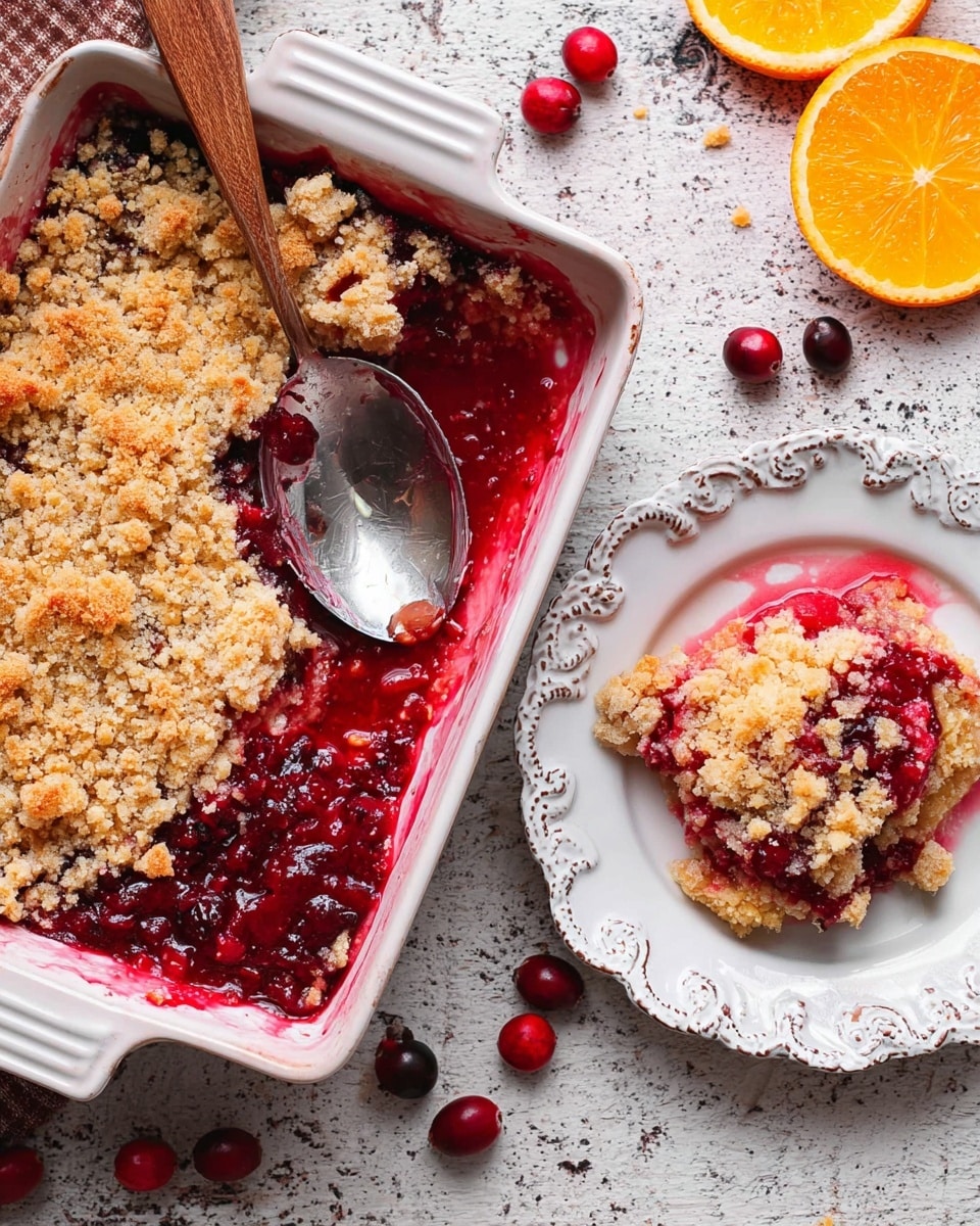 A piece of cranberry crumble dessert with a bright red, juicy berry filling, topped with a golden, crumbly oat layer, is served on a dark transparent white plate with decorative edges. The dessert shows a clear contrast between the juicy, glossy red berries and the rough, crumbly texture on top. In the background, a white baking dish contains the remaining crumble, with some of the bright red filling visible. Around the plate, scattered fresh, shiny red cranberries and a partially sliced orange add color, all set on a white marbled surface with a folded purple cloth and a spoon nearby. photo taken with an iphone --ar 4:5 --v 7