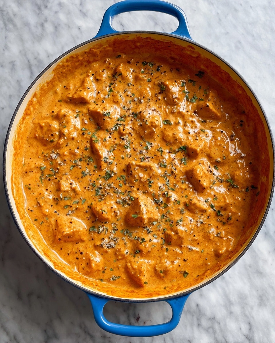 A round blue pot filled with a thick orange-colored creamy dish showing soft chunks of food throughout the sauce. The creamy texture is dotted with green herbs and black pepper flakes, giving it a speckled look. The pot sits on a white marbled surface and the dish looks rich and hearty with a slightly uneven, smooth top layer of sauce. photo taken with an iphone --ar 4:5 --v 7