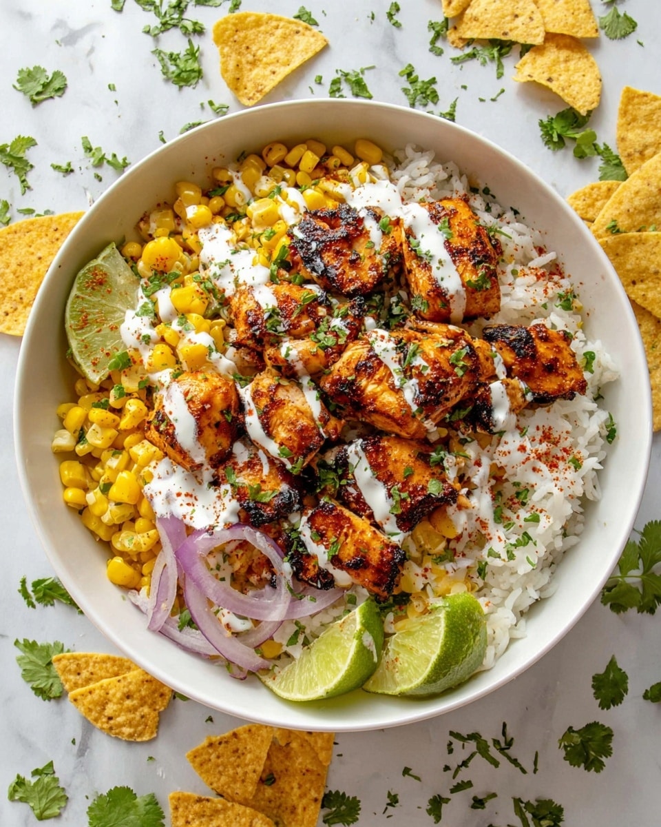 A white bowl filled with three main layers: the bottom layer is fluffy white rice, topped with bright yellow cooked corn kernels mixed lightly with chopped green cilantro; the top layer features grilled chicken pieces with a golden-brown charred texture, drizzled with creamy white sauce and dusted with red seasoning. Thin slices of purple onion add color on the edges, and two green lime wedges rest on the side inside the bowl. The bowl sits on a white marbled surface scattered with cilantro leaves and broken light yellow tortilla chips. Photo taken with an iphone --ar 4:5 --v 7