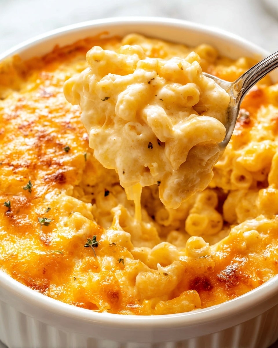 The image shows a white baking dish filled with creamy macaroni and cheese. The dish has one main layer of soft elbow macaroni pasta coated in a thick, smooth, orange-yellow cheese sauce. The top layer is baked to a golden brown with melted cheese that is slightly bubbly and browned in spots, sprinkled with small green herb bits and a light dusting of reddish spices. A spoon is scooping out a portion from one corner, pulling up gooey, cheesy pasta that stretches slightly. The dish sits on a white marbled surface with some shredded cheese scattered nearby. photo taken with an iphone --ar 4:5 --v 7