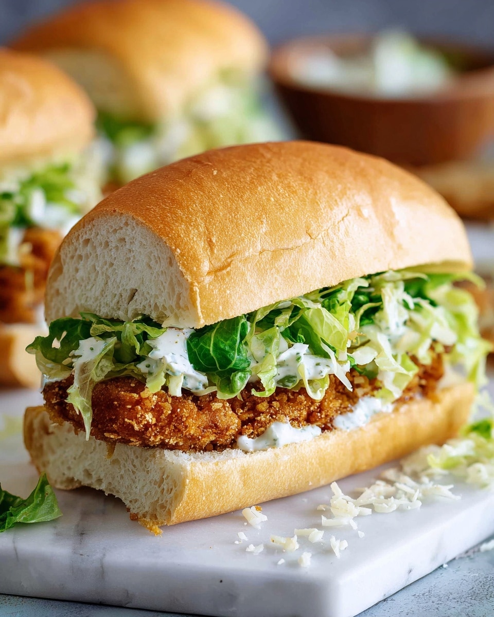 Two sandwiches sit on a white plate over a white marbled texture. Each sandwich has three layers of white toasted bread with a light brown crust on top and bottom. The bottom layer holds a thick, crispy golden-brown fried chicken fillet with a crunchy texture. On top of the chicken is a white creamy sauce with green herbs mixed in. Above the sauce is a layer of bright red, halved cherry tomatoes neatly lined across. The next layer is fresh green lettuce leaves, adding a leafy texture and vibrant color. The top slice of bread rests slightly tilted to show the ingredients inside. The sandwiches have a light sprinkling of finely grated cheese on top of the lettuce. photo taken with an iphone --ar 4:5 --v 7