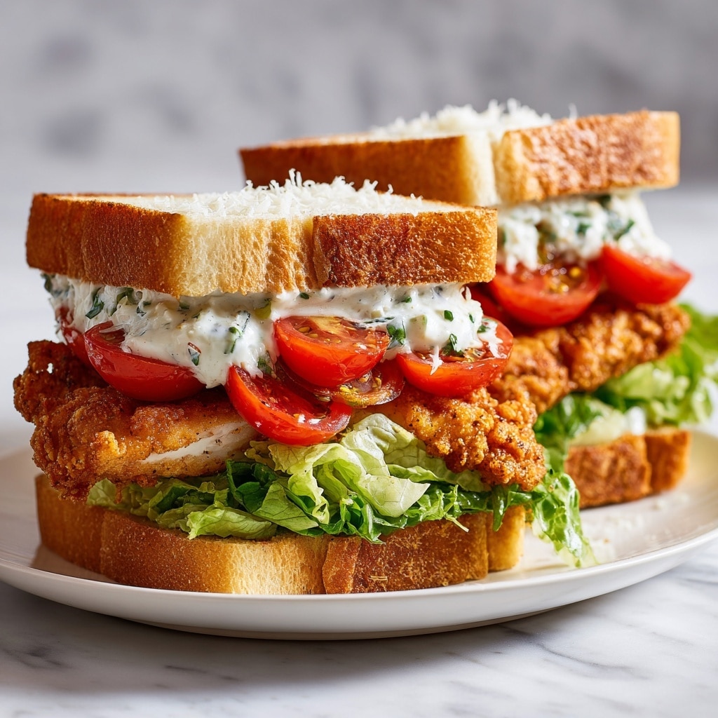 A close-up of a sandwich with three main layers inside a soft, golden-brown crusty roll. The bottom layer is light and soft bread interior. The middle layer is a thick, crispy, golden-brown fried patty with a crunchy texture. The top layer is fresh green leafy lettuce mixed with creamy white sauce. On and around the sandwich, there are small pieces of shredded white cheese scattered. The sandwich is placed on a white marbled surface. In the background, there are blurry hints of other similar sandwiches and a wooden bowl. Photo taken with an iphone --ar 4:5 --v 7