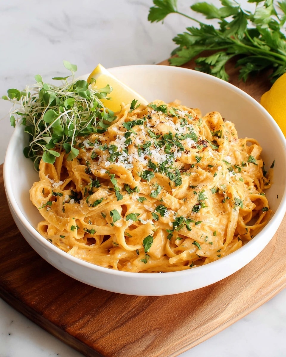 A white bowl filled with creamy pasta coated in a rich, light orange sauce, layered evenly and topped with finely chopped green herbs and a sprinkling of grated white cheese. On the side inside the bowl, there is a small bunch of fresh green microgreens and a bright yellow lemon wedge resting on the rim, adding a fresh contrast to the warm pasta. The bowl sits on a wooden board placed on a white marbled surface, with green parsley leaves slightly blurred in the background. photo taken with an iphone --ar 4:5 --v 7