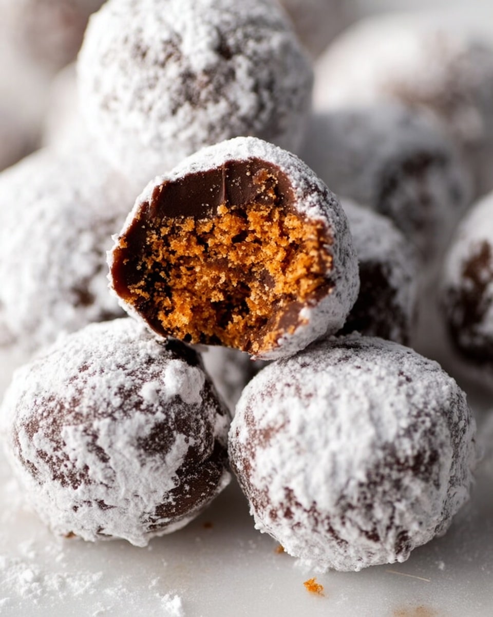 A pile of round chocolate crinkle cookies is stacked on a white parchment paper-covered metal tray, placed on a white marbled surface. Each cookie has a cracked, marbled dark chocolate outer layer dusted with a thick coat of white powdered sugar, giving a rough texture. One cookie is broken in half showing a soft, crumbly light brown inside. Light brown crumbs are scattered around the cookies, adding a casual feel to the presentation. Photo taken with an iphone --ar 4:5 --v 7