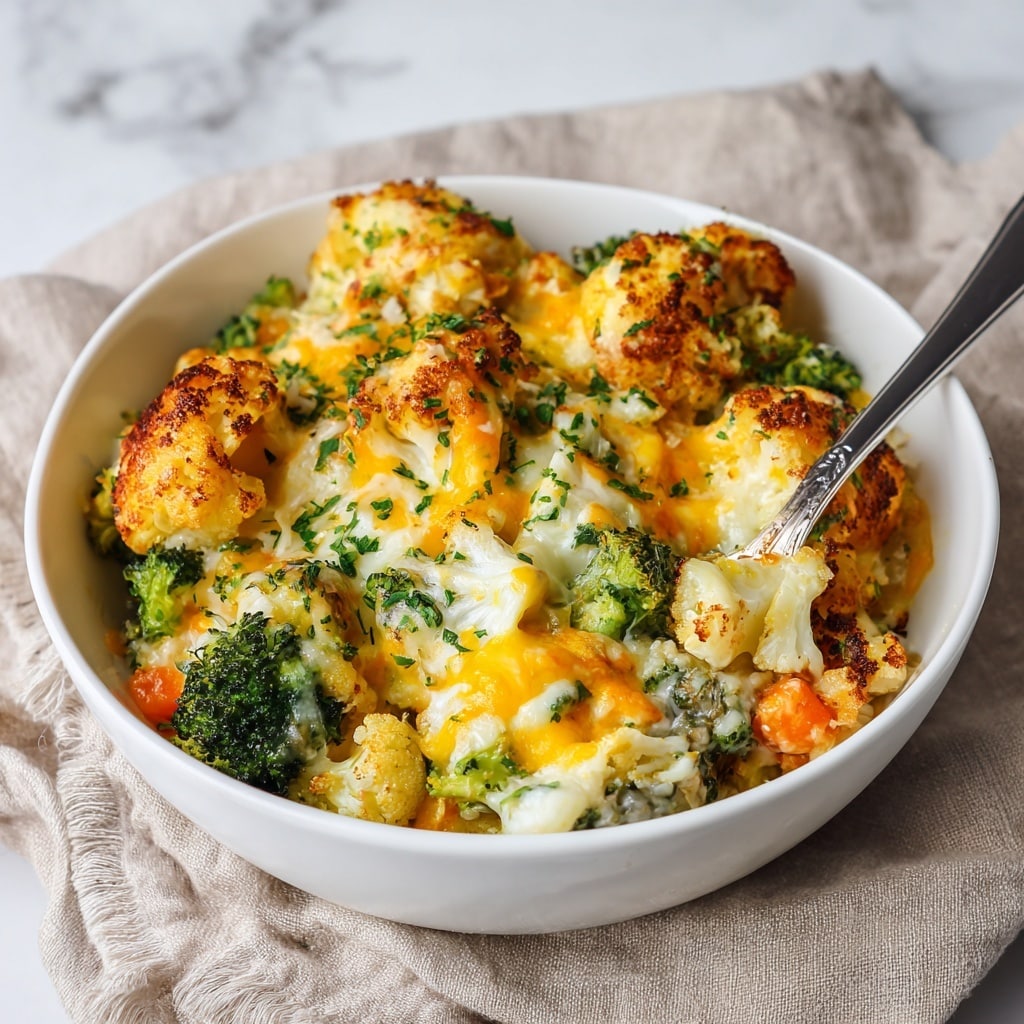 The dish shows a white round bowl filled with colorful roasted vegetables layered with melted cheese. The top layer has golden brown, slightly crispy cauliflower florets with melted cheese, sprinkled with chopped green herbs. Below, there are bright green broccoli pieces, orange carrot chunks, and some yellow bell pepper pieces mixed evenly. The cheese looks creamy and gooey, covering parts of the vegetables, with some browned spots highlighting its baked texture. A silver fork rests on the right side inside the bowl with a piece of cauliflower on it. The bowl is set on a beige cloth over a white marbled surface. Photo taken with an iphone --ar 4:5 --v 7